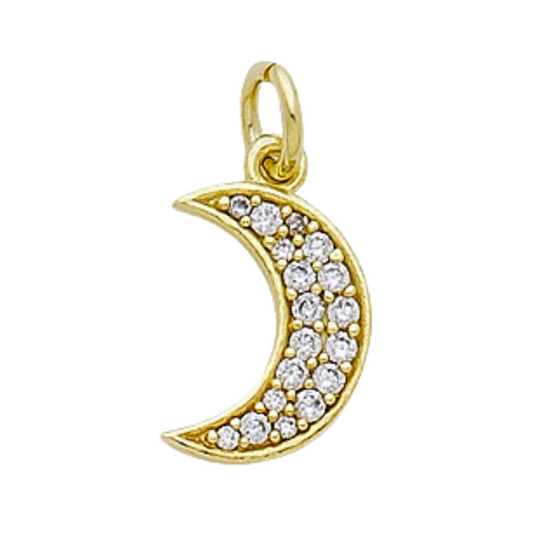 Cubic Zirconia Pave Gold Plated Moon Charm