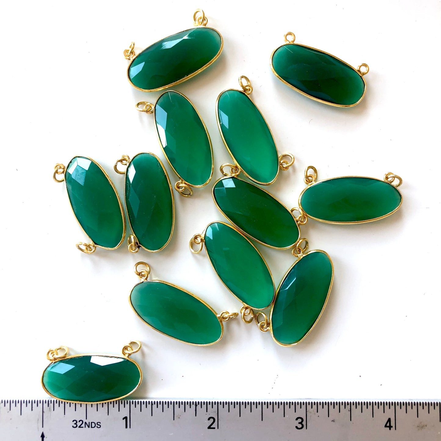 2 Pieces - Gold Plated over Silver Bezel Pendants Green Onyx Oval