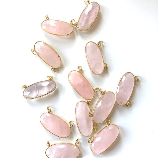 2 Pieces - Gold Plated over Silver Bezel Pendants Rose Quartz Oval