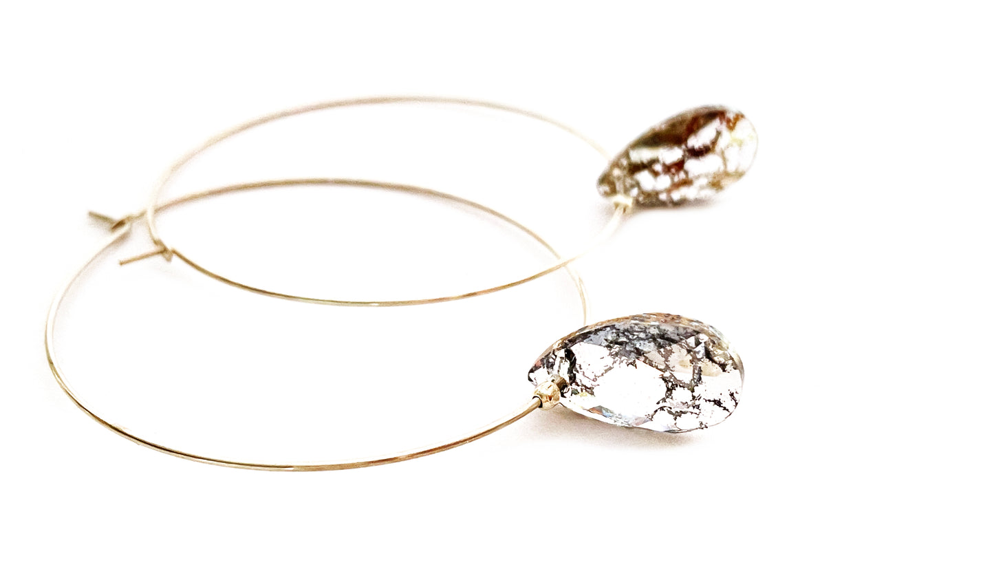 Gold Patina Swarovski Pear Drops on Sterling Silver Hoops- sale