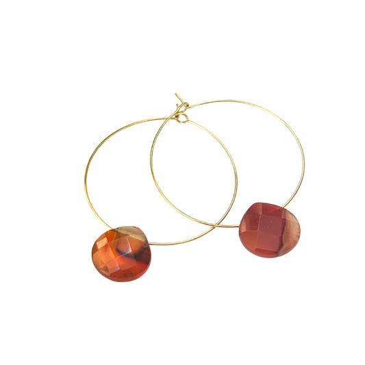 Thin Gold Hoops with Carnelian