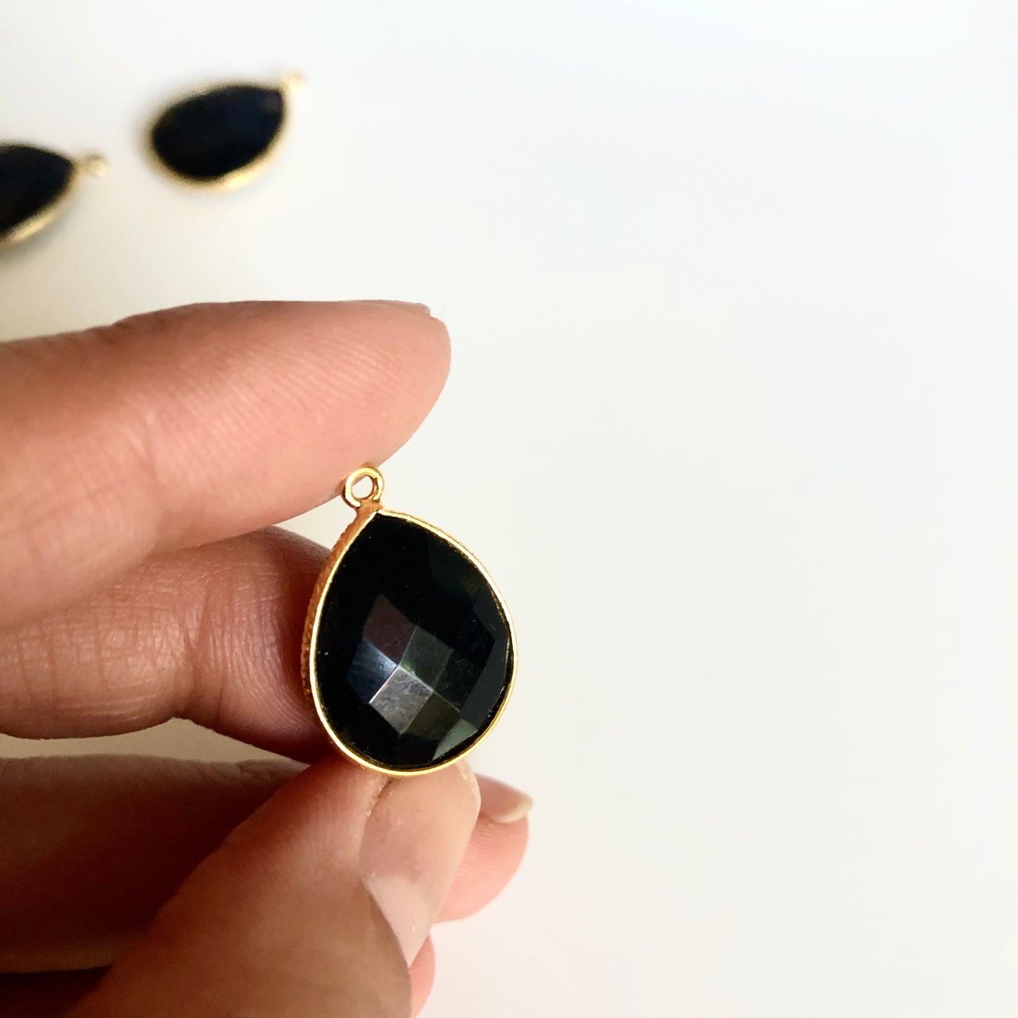 Black Gemstone Teardrop bezeled Charms with Gold plated edge