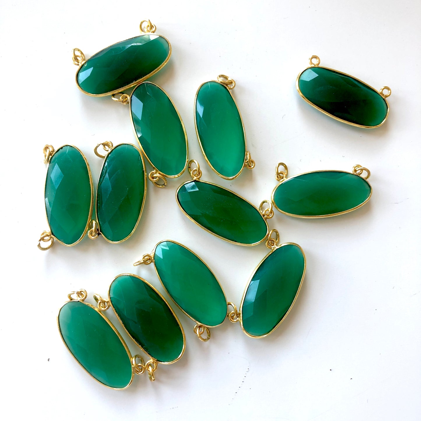 2 Pieces - Gold Plated over Silver Bezel Pendants Green Onyx Oval